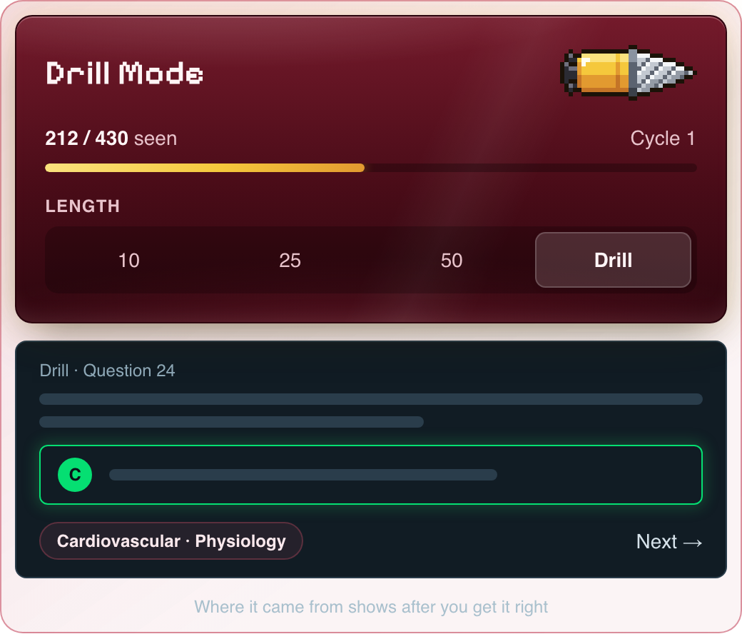 Drill Mode card with question count options and a shuffled question